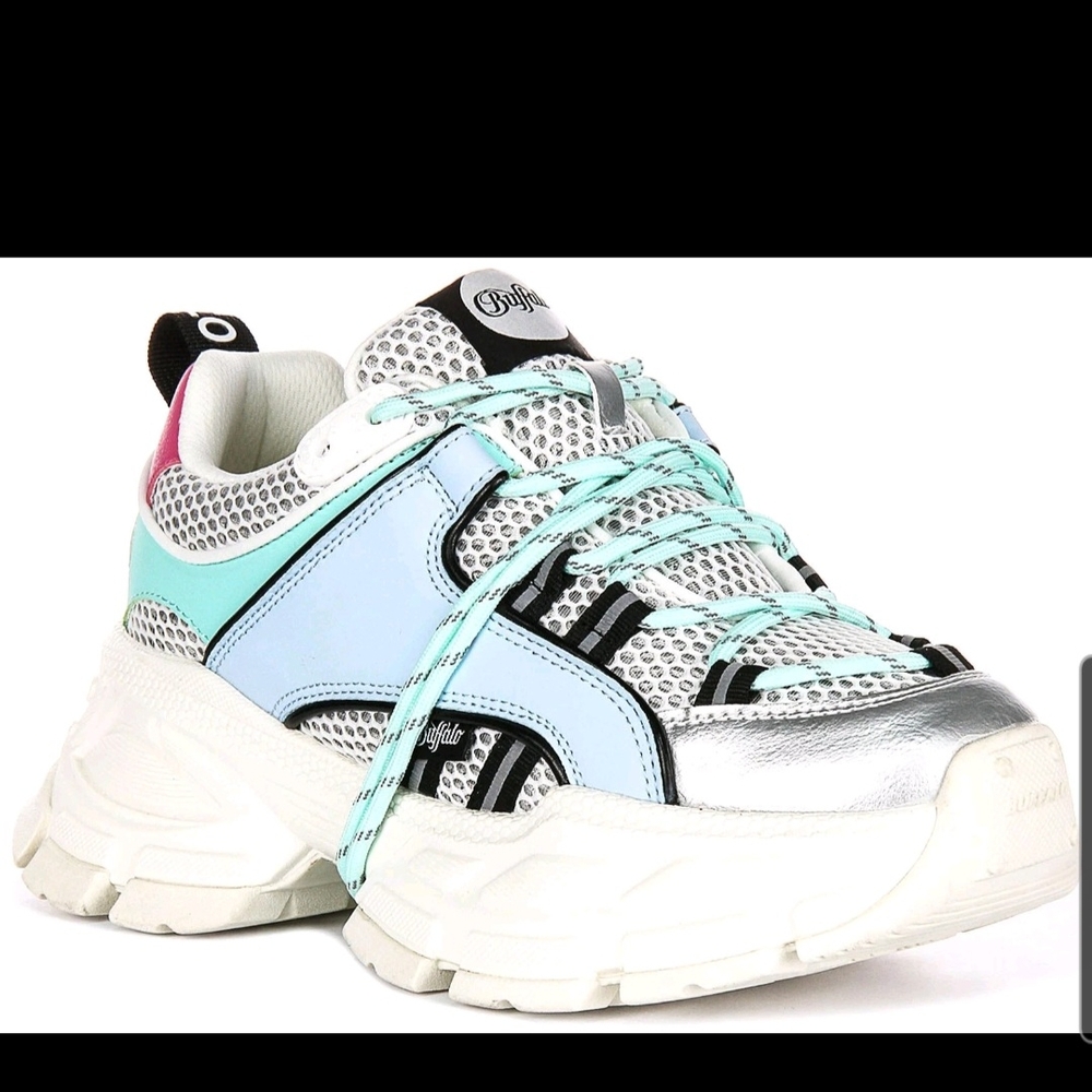 New Buffalo Saturn Lace Chunky Platforms Women's Sneaker In Blue Silver US 9